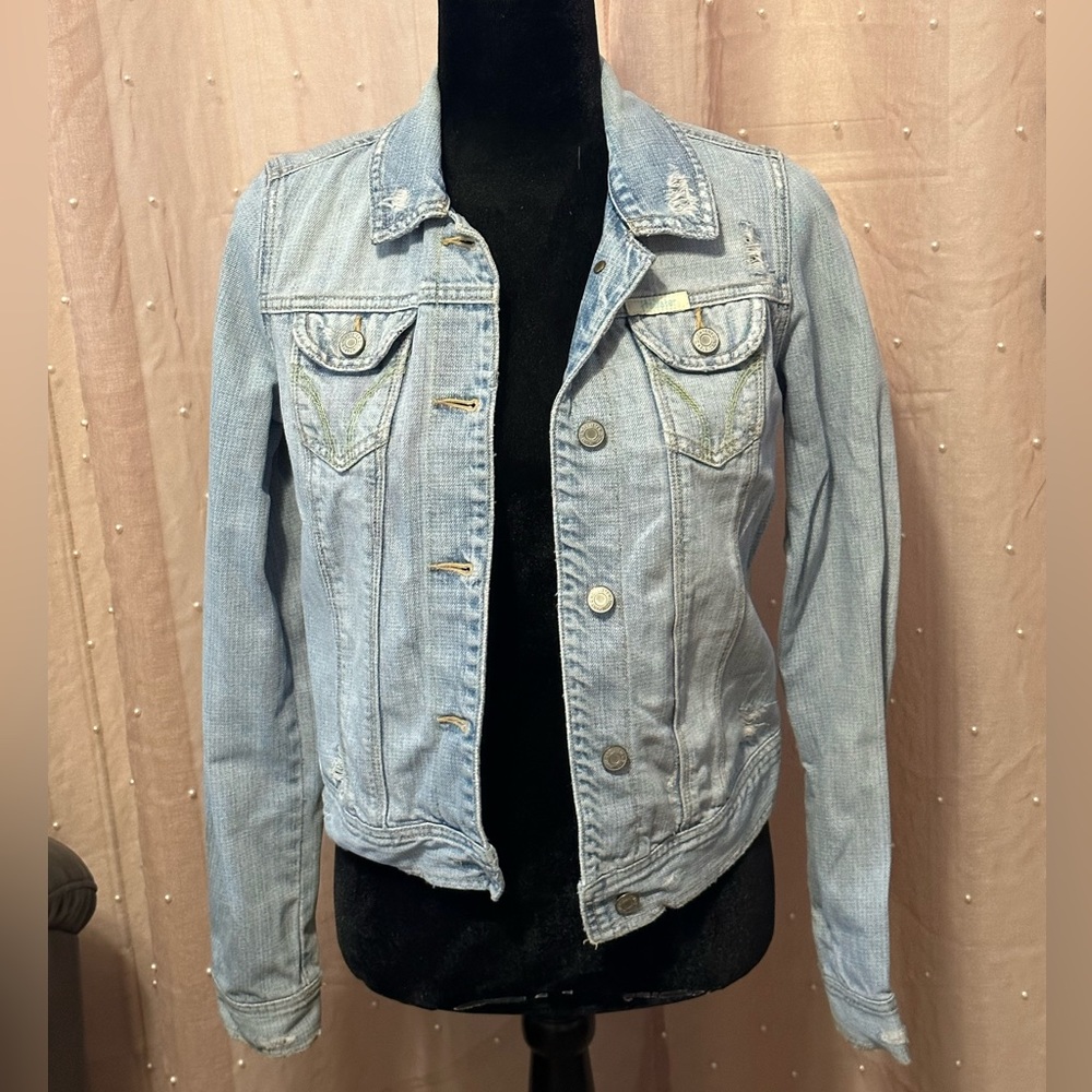 Hollister denim light colored distressed jacket, M